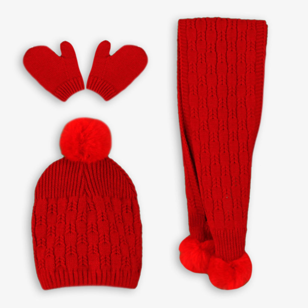 Red Cable Knit Hat, Scarf & Mittens Set