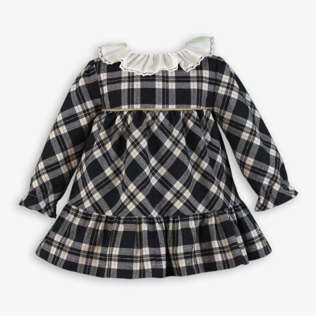 Black & White Plaid Dress with Ruffle Lace Collar for Baby Girls