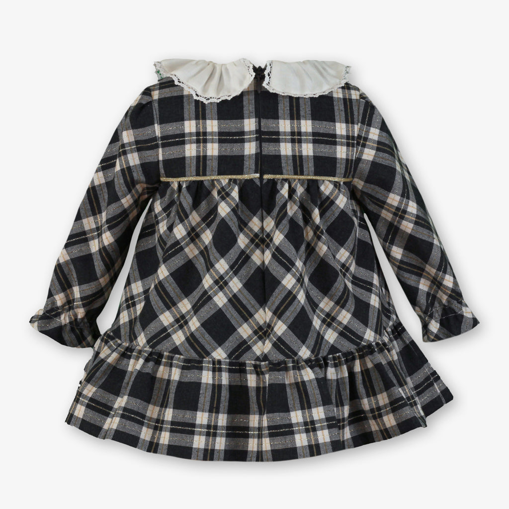Black & White Plaid Dress with Ruffle Lace Collar for Baby Girls