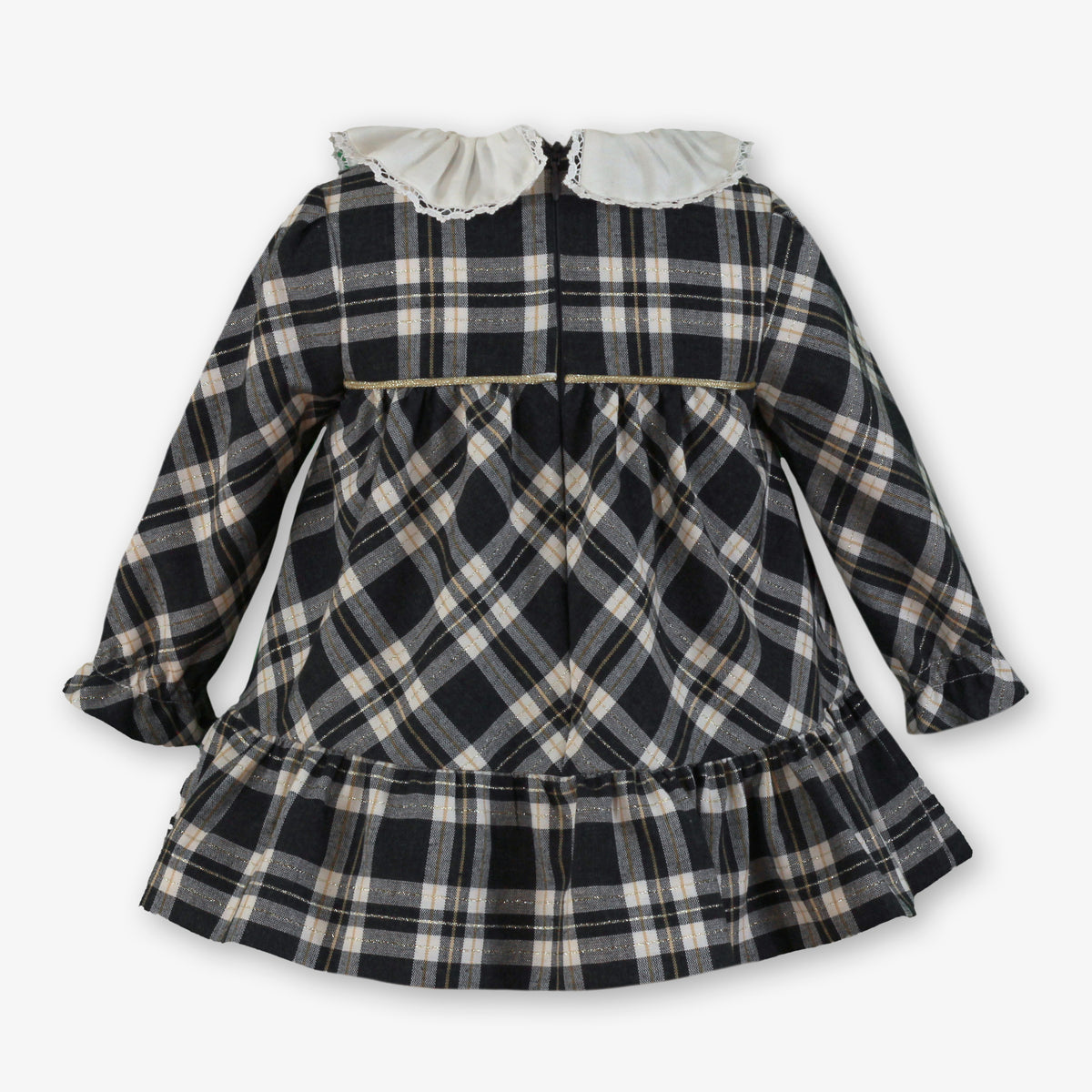 Black & White Plaid Dress with Ruffle Lace Collar for Baby Girls