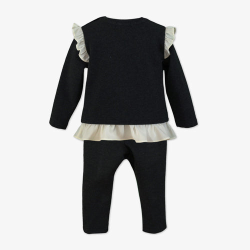 Black Bow Graphic Top & Leggings Set with Off-White Ruffle Trim for Toddler Girls