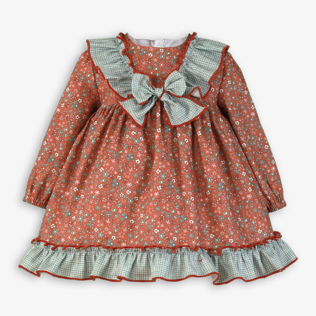 Rust Floral Dress with Gingham Bow & Ruffle Hem for Baby Girls