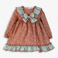 Rust Floral Dress with Gingham Bow & Ruffle Hem for Baby Girls