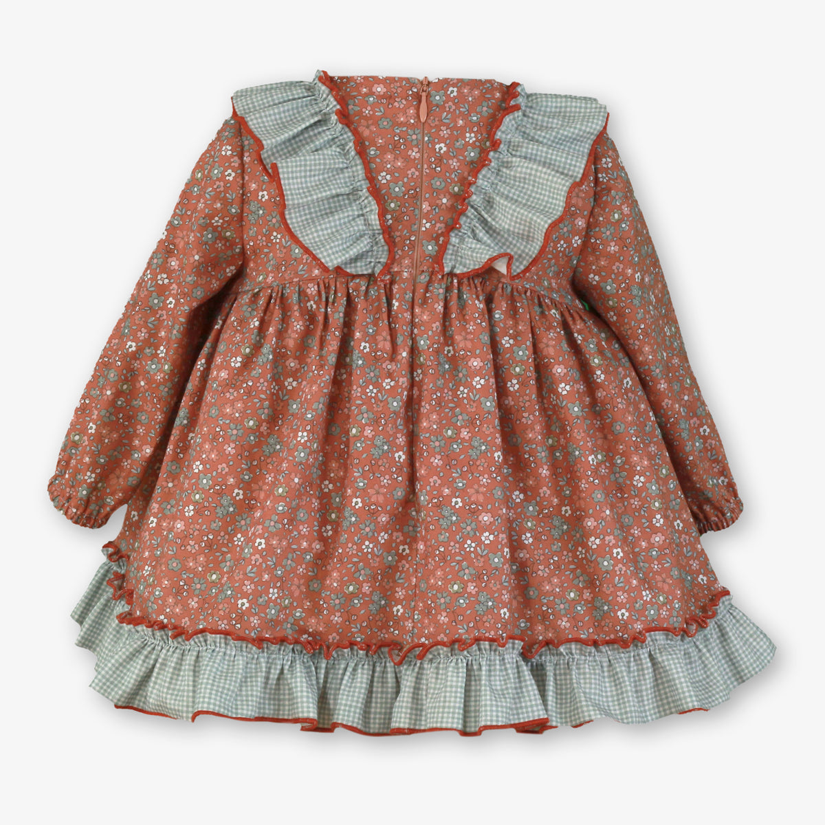 Rust Floral Dress with Gingham Bow & Ruffle Hem for Baby Girls