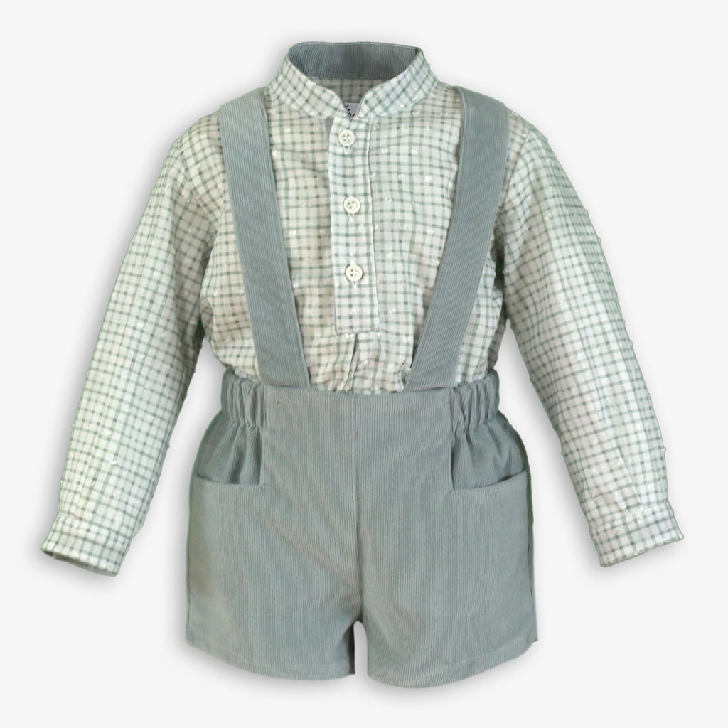 Sage Check Shirt & Corduroy Suspender Shorts Set for Baby Boys