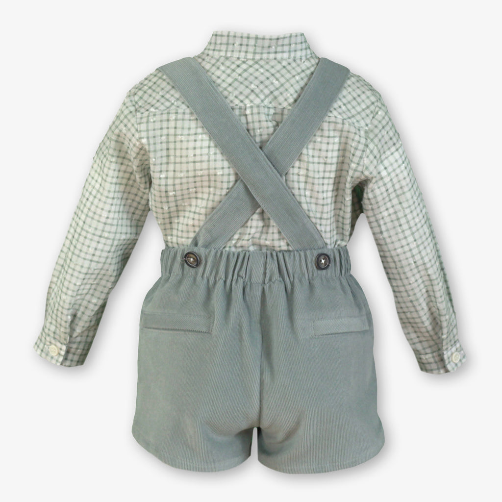 Sage Check Shirt & Corduroy Suspender Shorts Set for Baby Boys