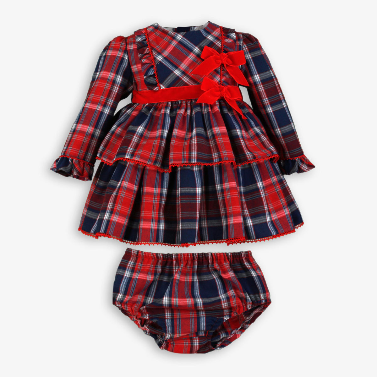 Red & Navy Tartan Plaid Tiered Dress & Bloomer Set