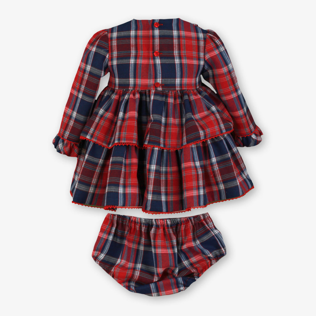 Red & Navy Tartan Plaid Tiered Dress & Bloomer Set