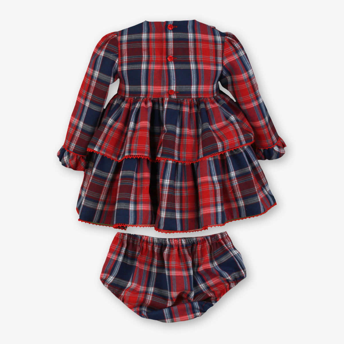 Red & Navy Tartan Plaid Tiered Dress & Bloomer Set