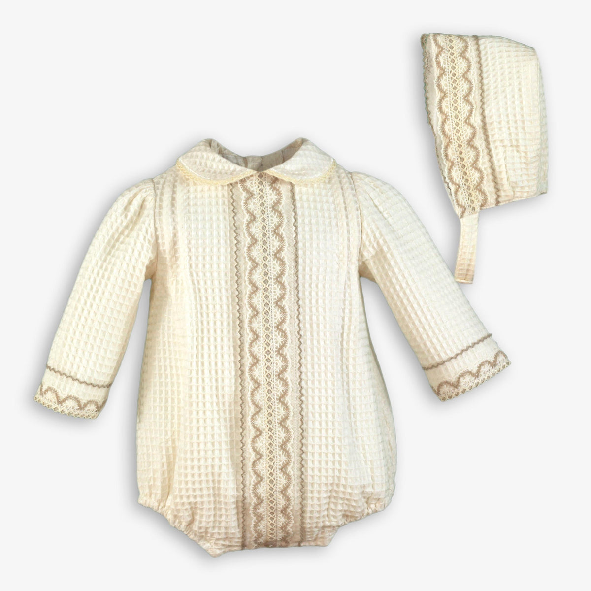 Ivory Waffle Romper & Bonnet Set for Unisex