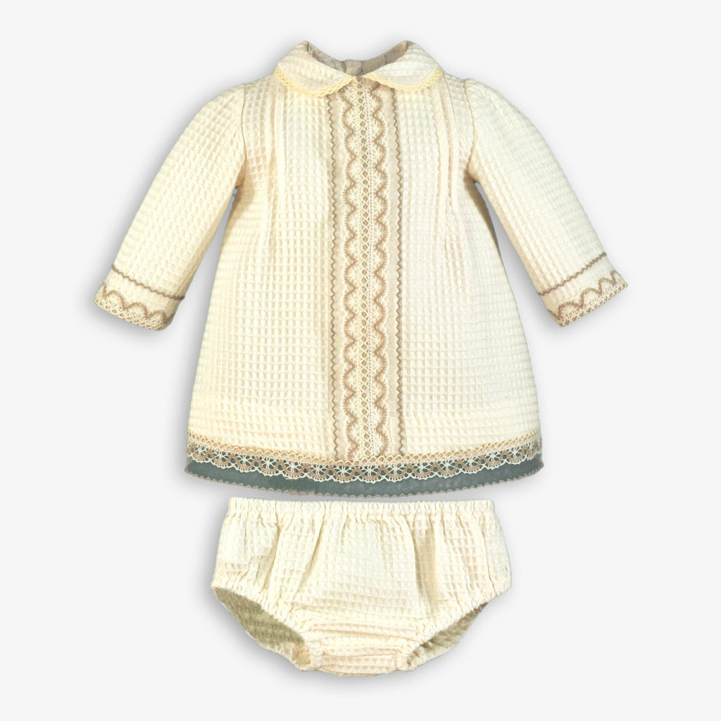 Waffle Knit Lace Trim Dress & Bloomer Set