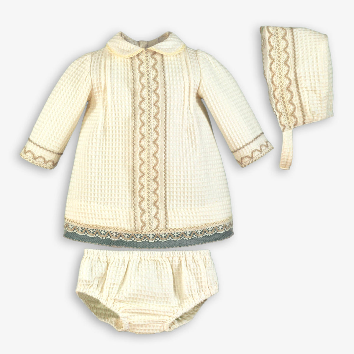 Waffle Knit Lace Trim Dress, Bloomer & Bonnet Set