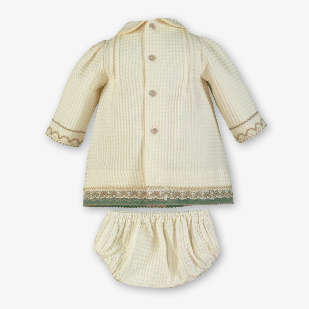 Waffle Knit Lace Trim Dress, Bloomer & Bonnet Set