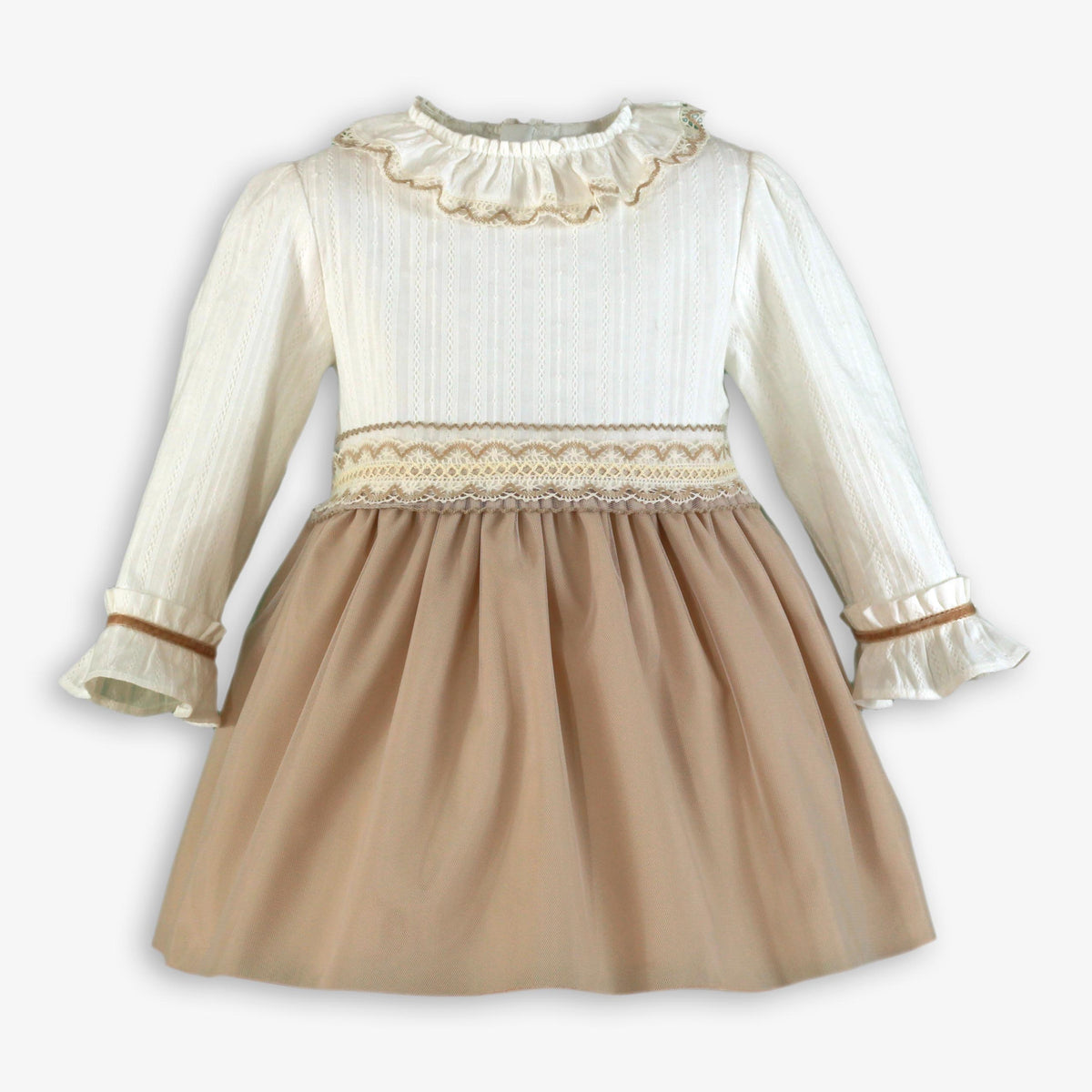 Ivory & Tan Tulle Dress with Lace Waistband for Girls