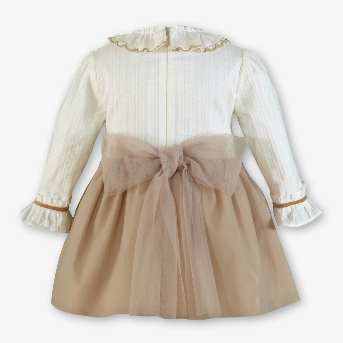Ivory & Tan Tulle Dress with Lace Waistband for Girls