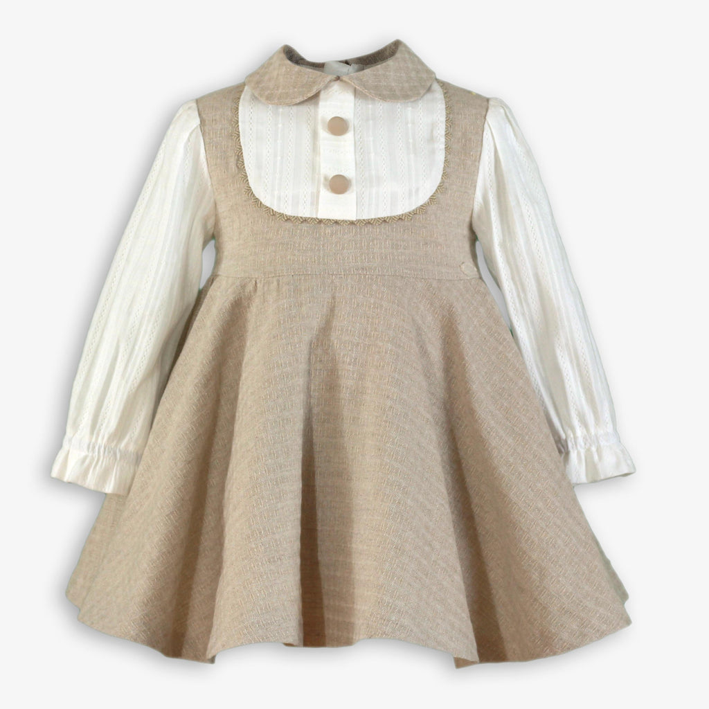 Oatmeal Flared Dress with Ivory Bib & Peter Pan Collar for Girls