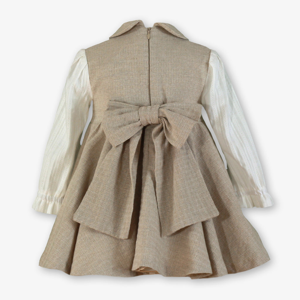 Oatmeal Flared Dress with Ivory Bib & Peter Pan Collar for Girls