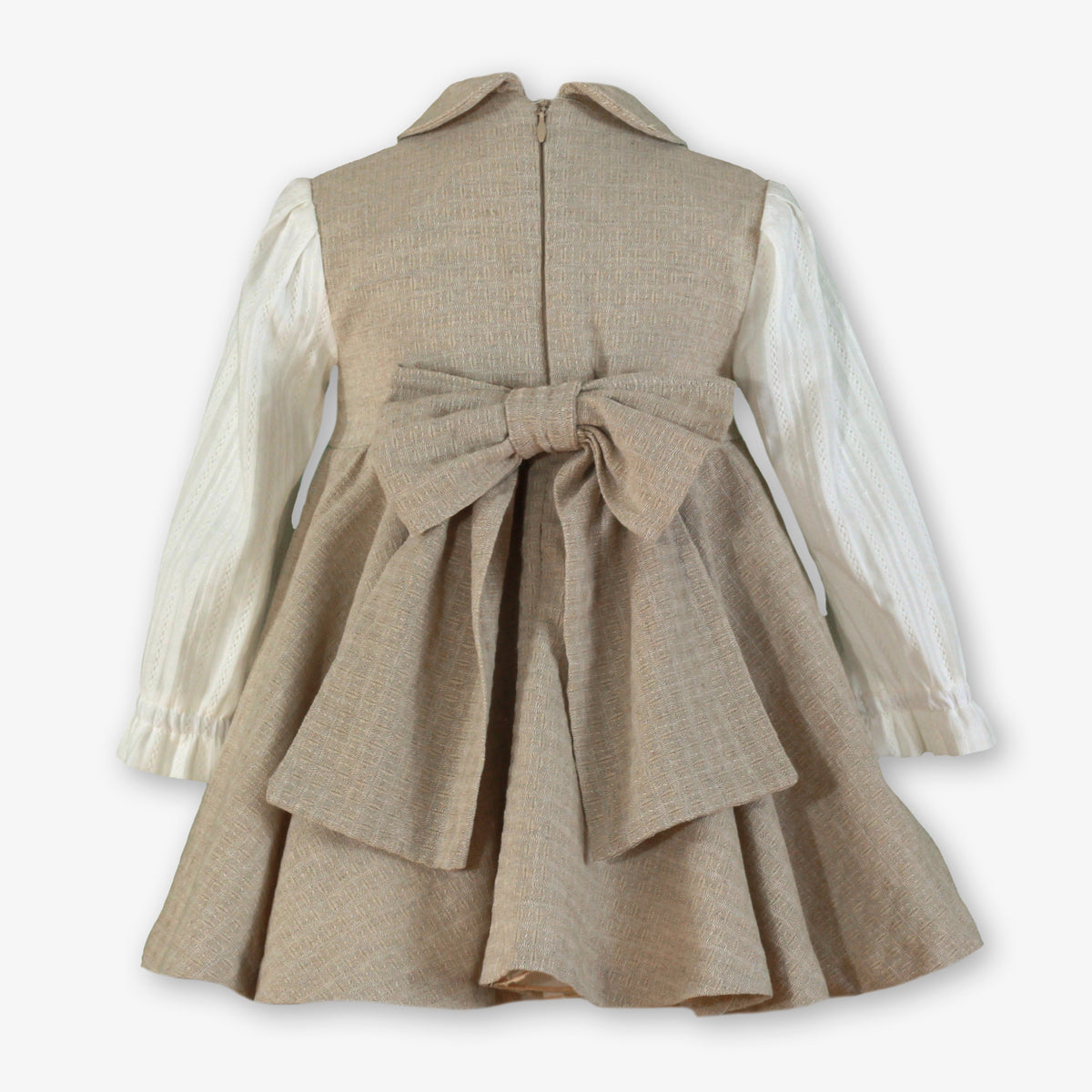 Oatmeal Flared Dress with Ivory Bib & Peter Pan Collar for Girls