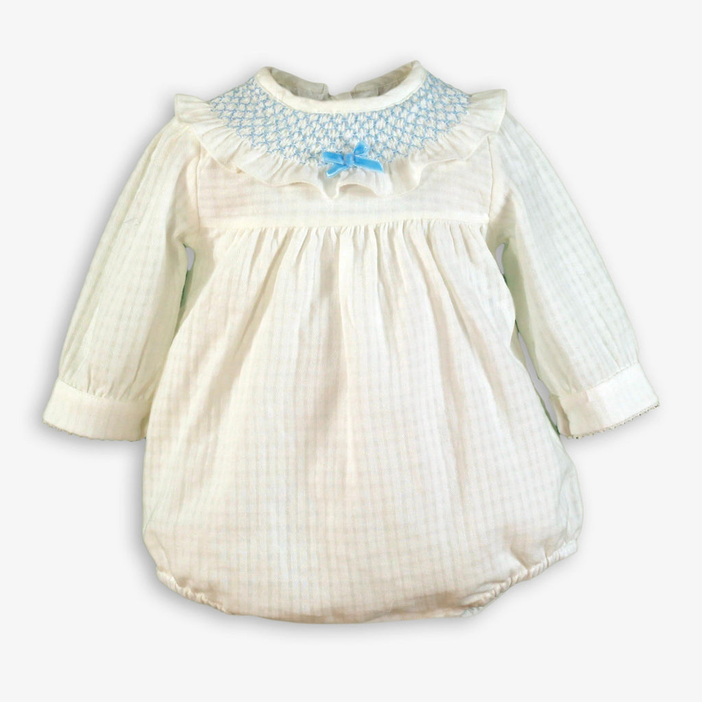 Ivory Smocked Romper & Bonnet Set with Blue Bow