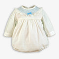 Ivory Smocked Romper & Bonnet Set with Blue Bow