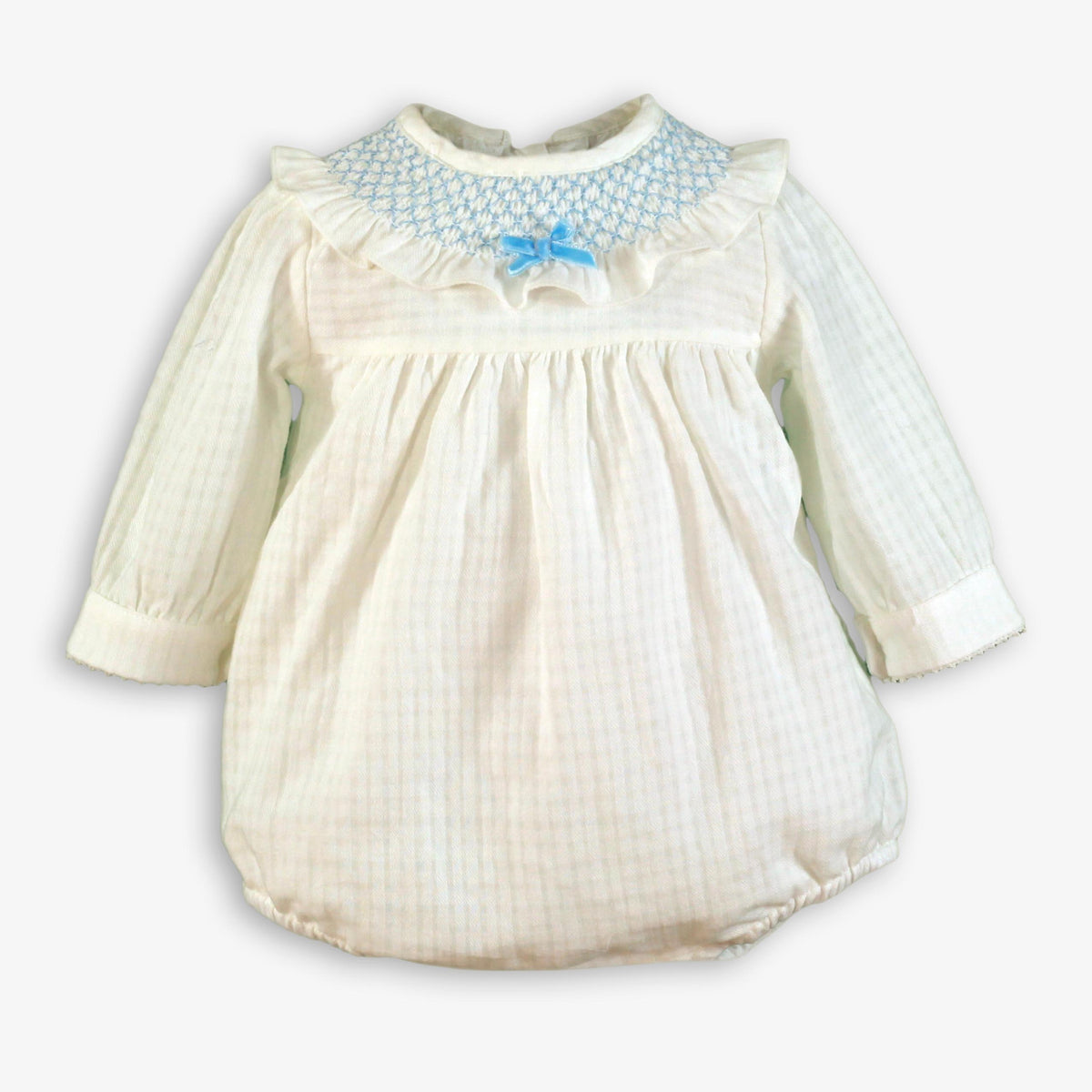 Ivory Smocked Romper & Bonnet Set with Blue Bow