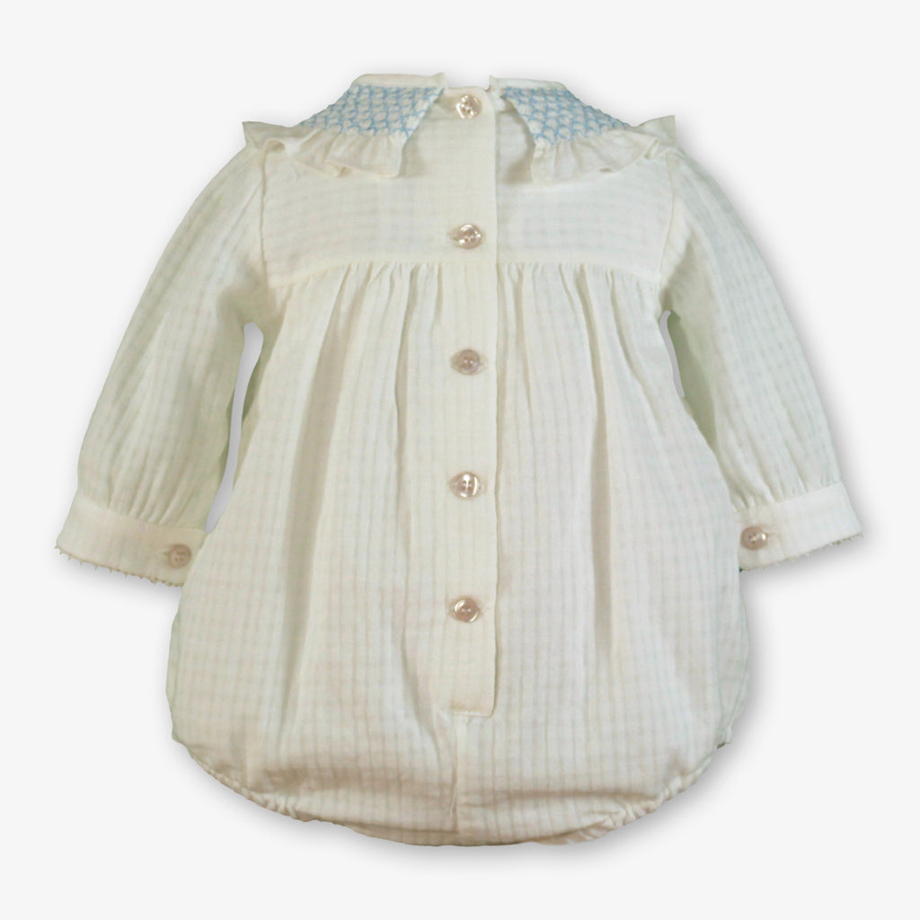 Ivory Smocked Romper & Bonnet Set with Blue Bow