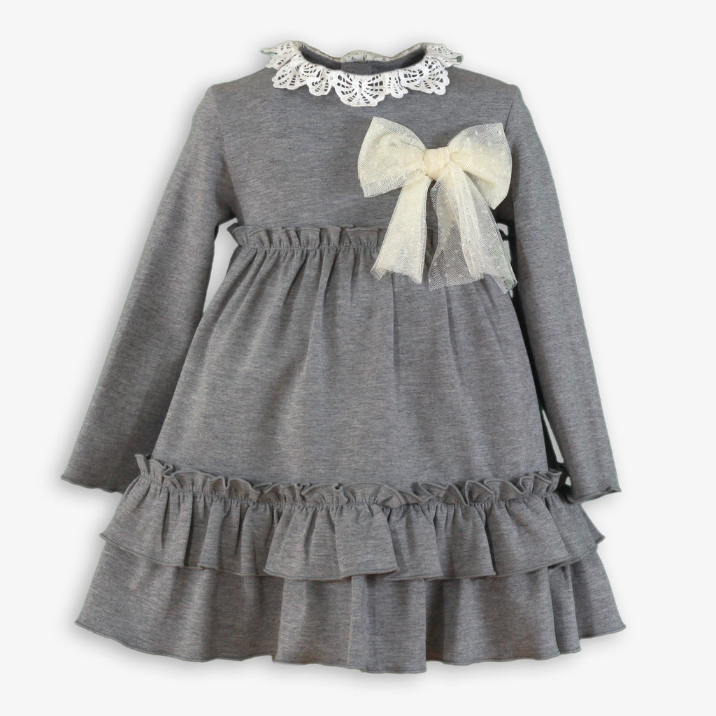 Grey Heather Long-Sleeve Knit Dress with Lace Collar & Tulle Bow for Girls