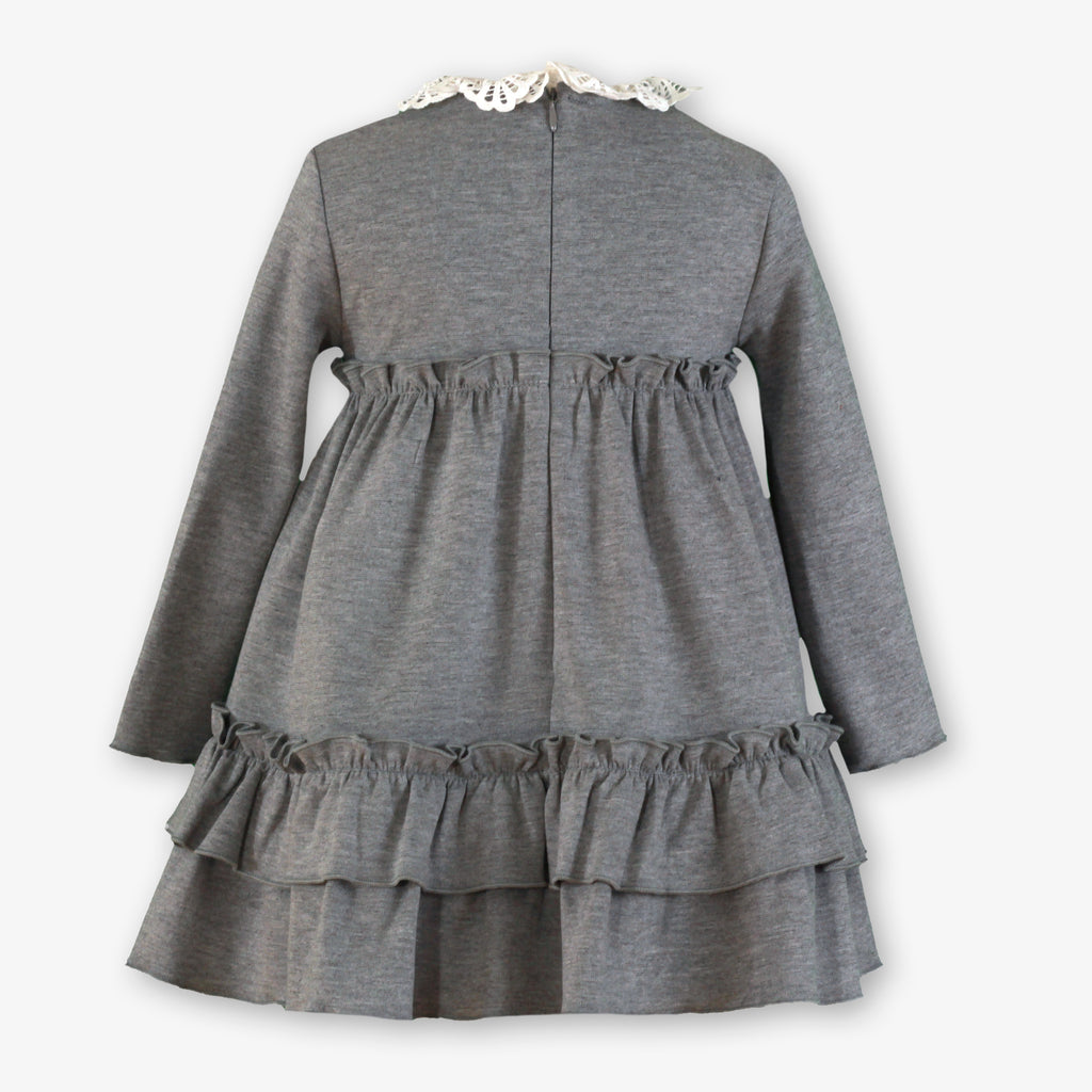 Grey Heather Long-Sleeve Knit Dress with Lace Collar & Tulle Bow for Girls