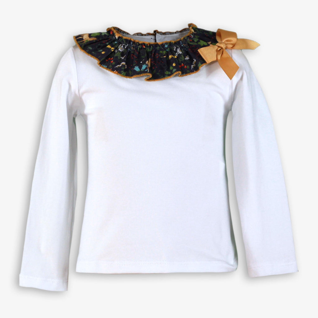 White Long-Sleeve Shirt with Dark Floral Ruffle Collar & Mustard Bow for Girls