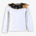 White Long-Sleeve Shirt with Dark Floral Ruffle Collar & Mustard Bow for Girls