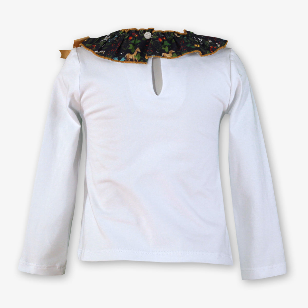 White Long-Sleeve Shirt with Dark Floral Ruffle Collar & Mustard Bow for Girls