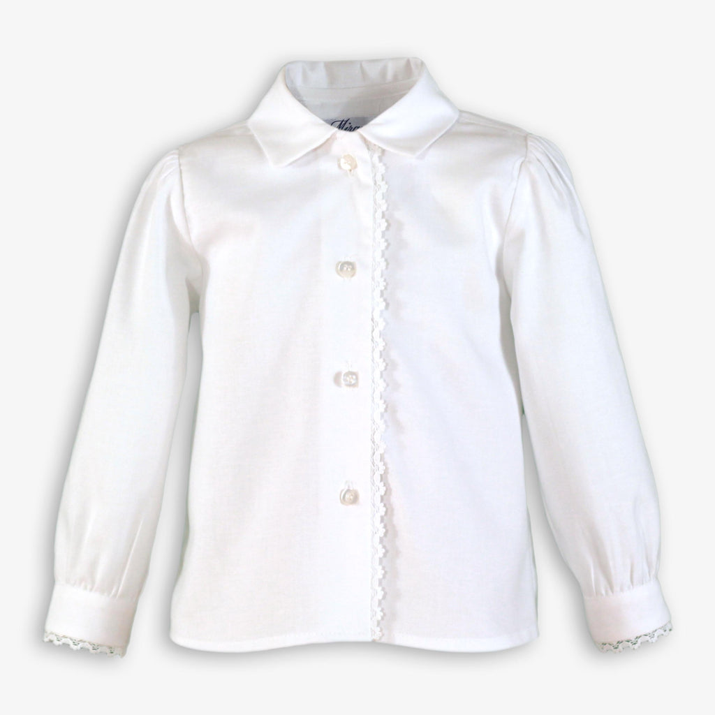 White Long-Sleeve Button-Down Blouse with Delicate Lace Trim for Girls