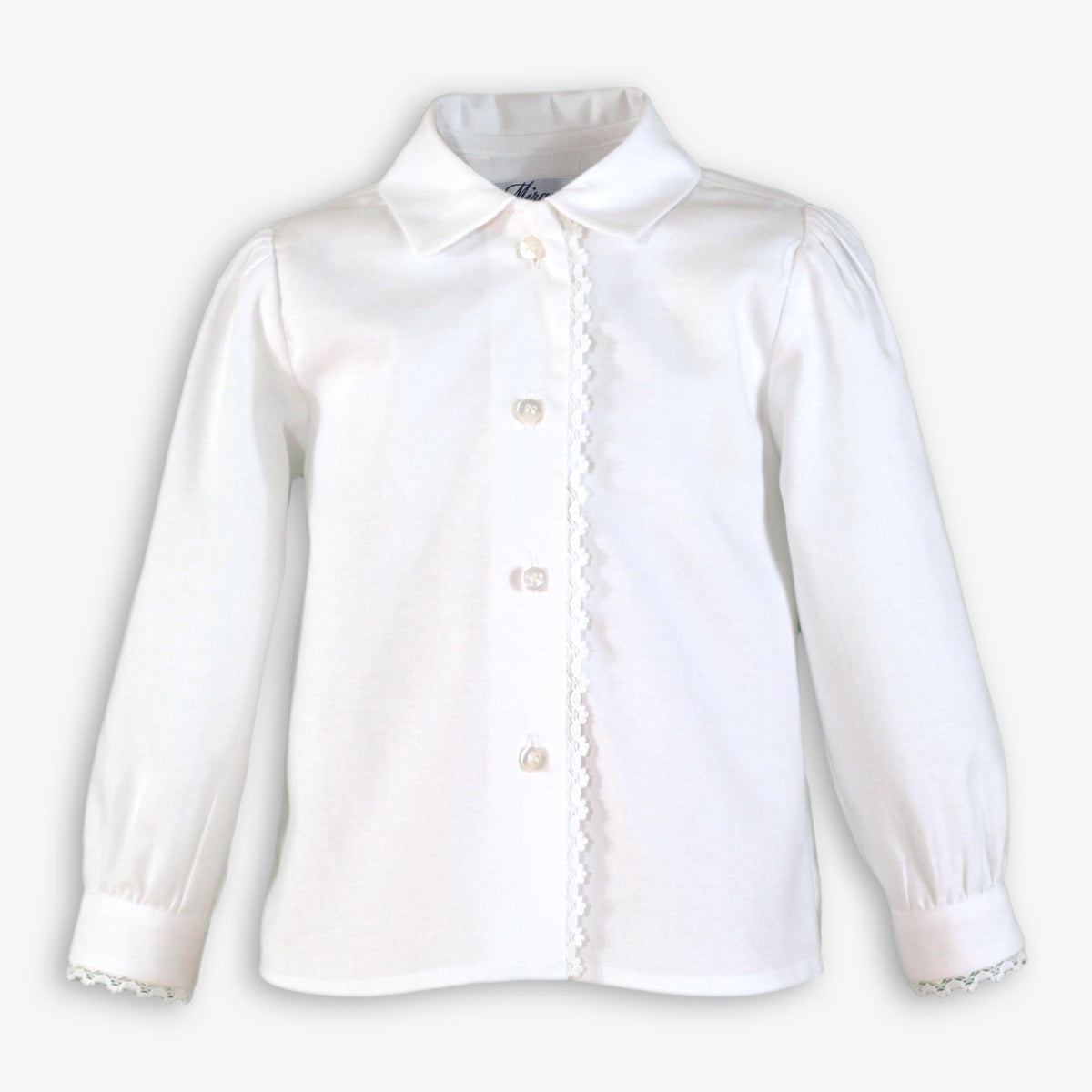 White Long-Sleeve Button-Down Blouse with Delicate Lace Trim for Girls