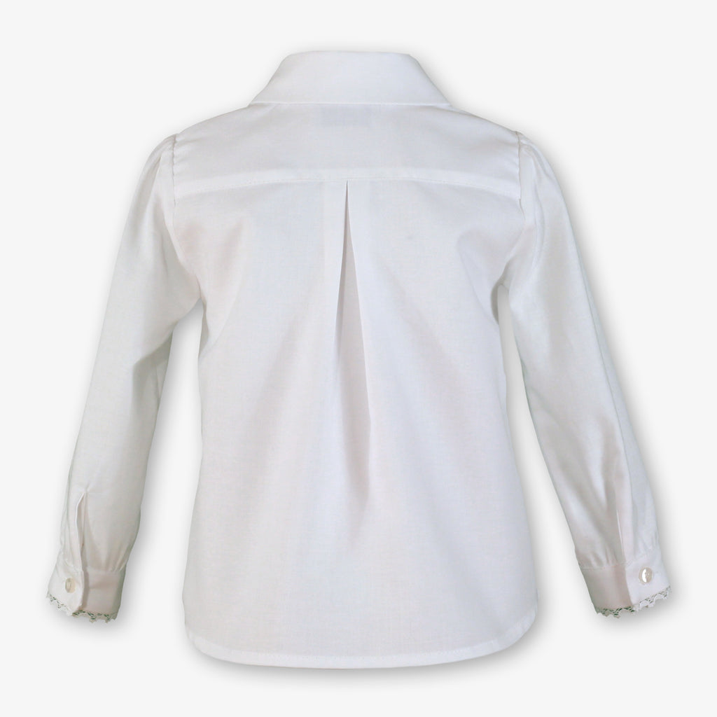 White Long-Sleeve Button-Down Blouse with Delicate Lace Trim for Girls
