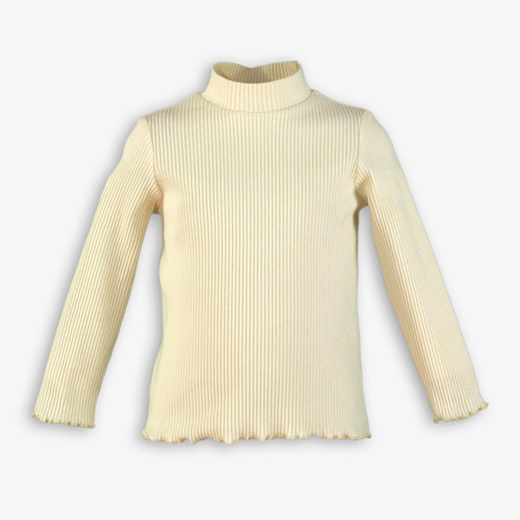 Off-White Ribbed Turtleneck Shirt with Lettuce-Edge Hem for Girls
