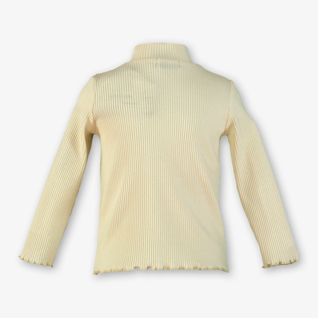 Off-White Ribbed Turtleneck Shirt with Lettuce-Edge Hem for Girls