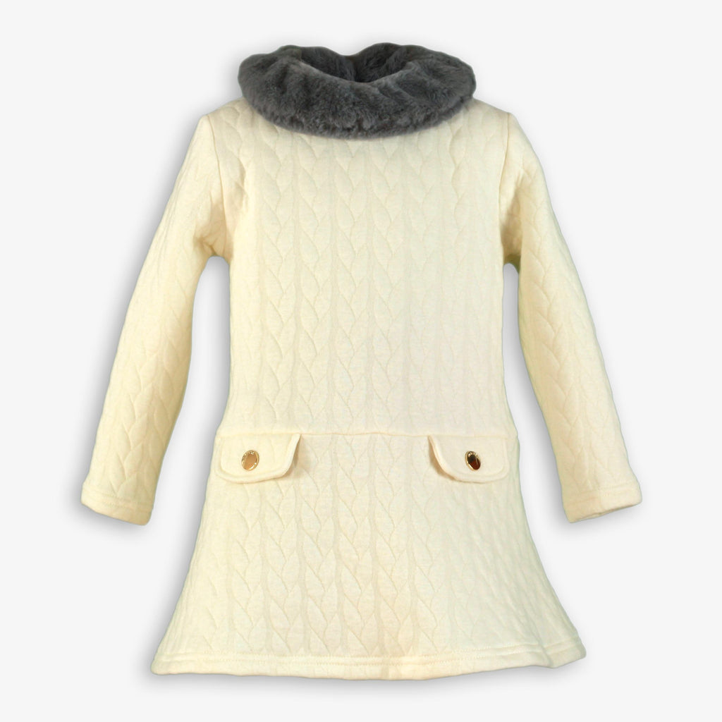 Cream Quilted Knit Dress with Faux Fur Collar & Gold Buttons for Girls