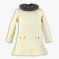 Cream Quilted Knit Dress with Faux Fur Collar & Gold Buttons for Girls