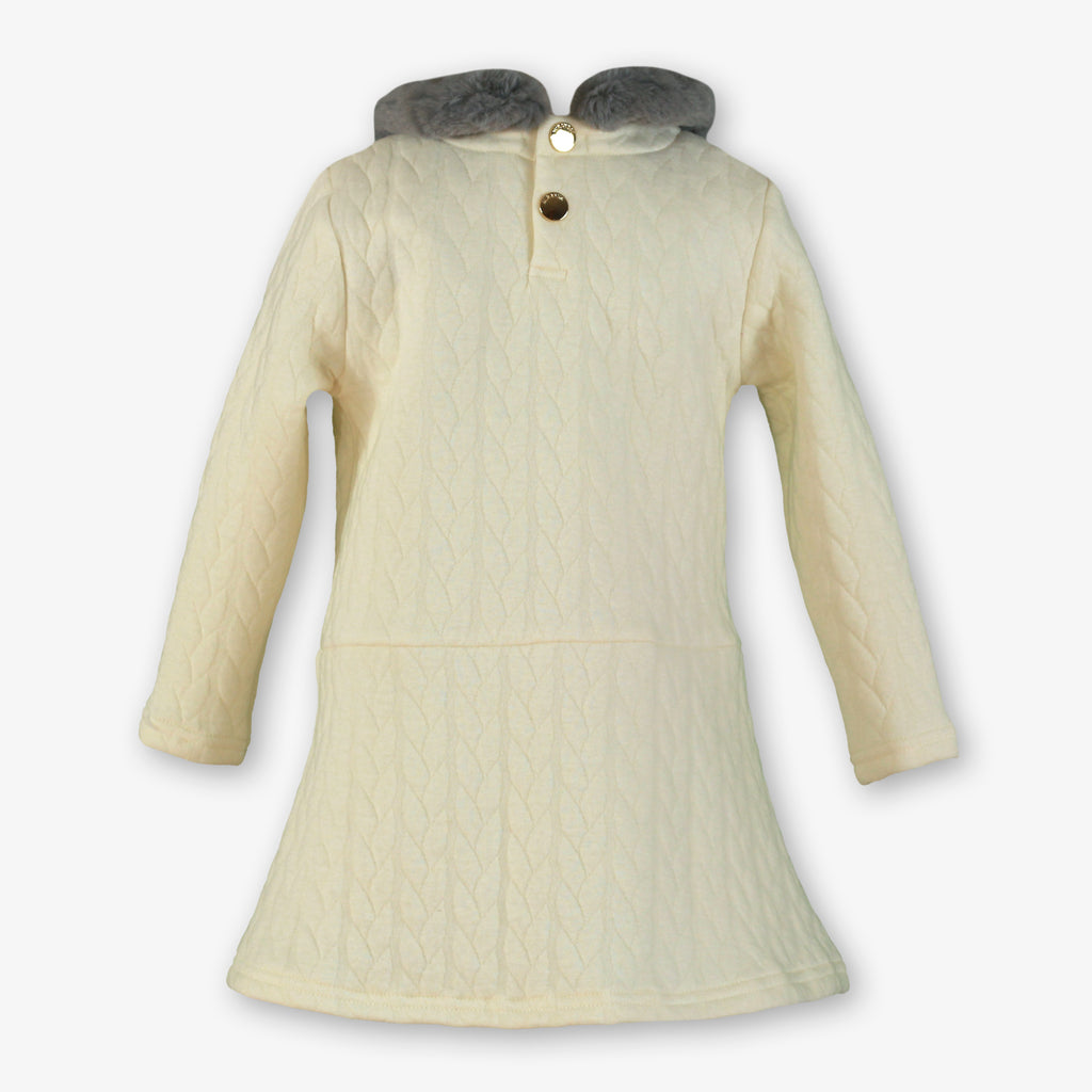 Cream Quilted Knit Dress with Faux Fur Collar & Gold Buttons for Girls