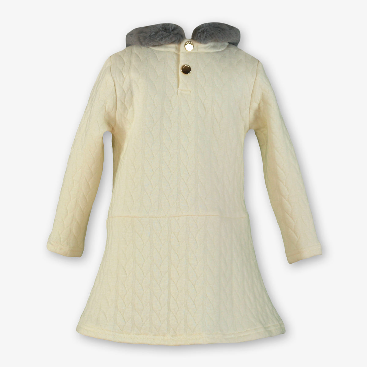 Cream Quilted Knit Dress with Faux Fur Collar & Gold Buttons for Girls