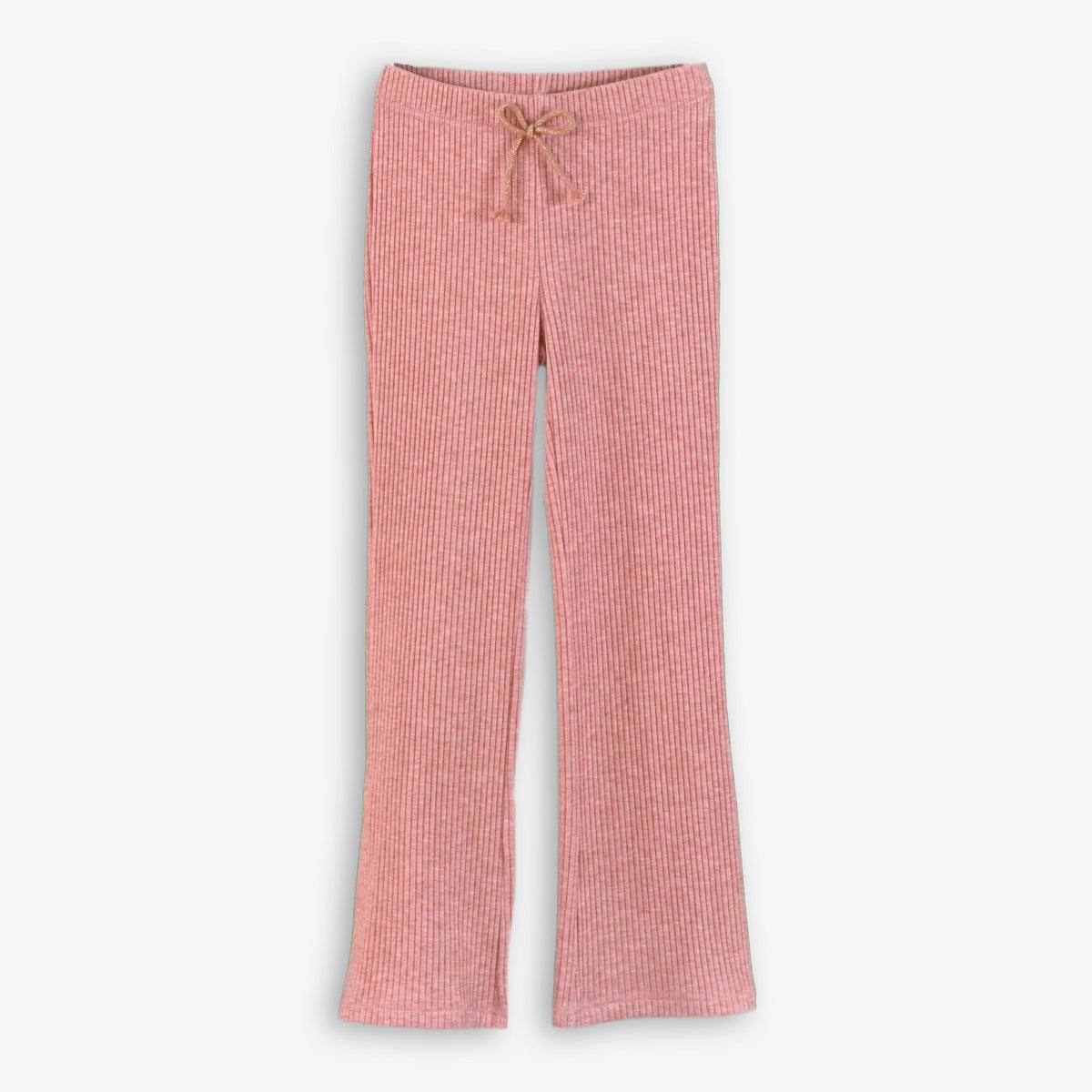 Dusty Pink Ribbed Flare Pants with Glitter Drawstring for Girls