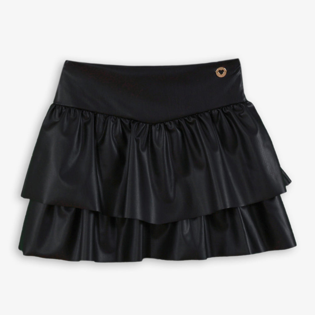 Black Faux Leather Tiered Ruffle Skirt for Girls
