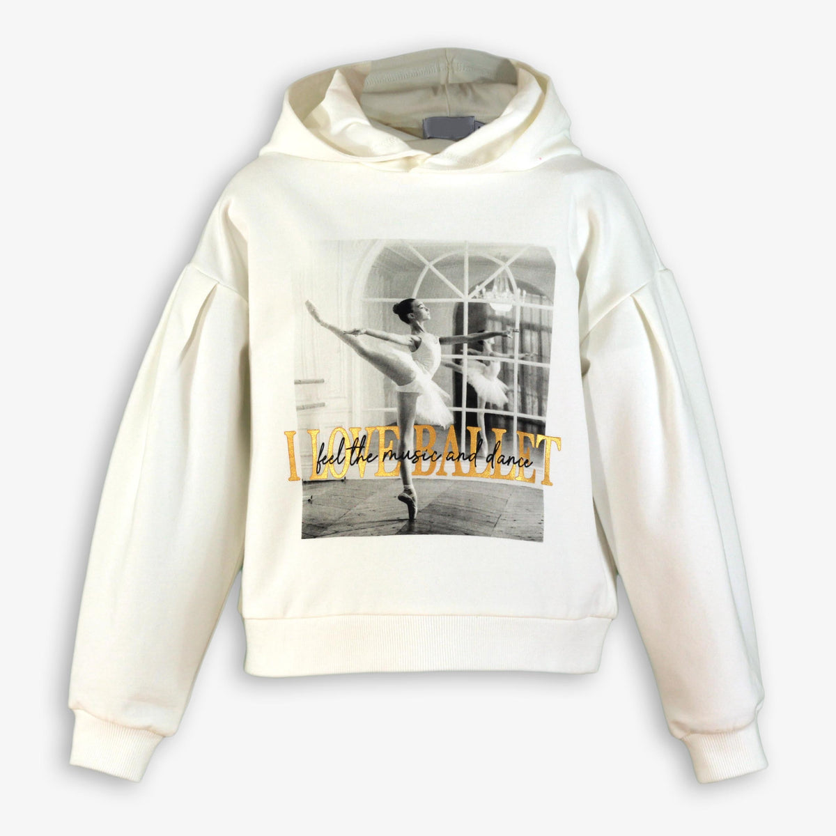 Off-White Ballerina Graphic Fleece Hoodie with Gold Lettering for Girls