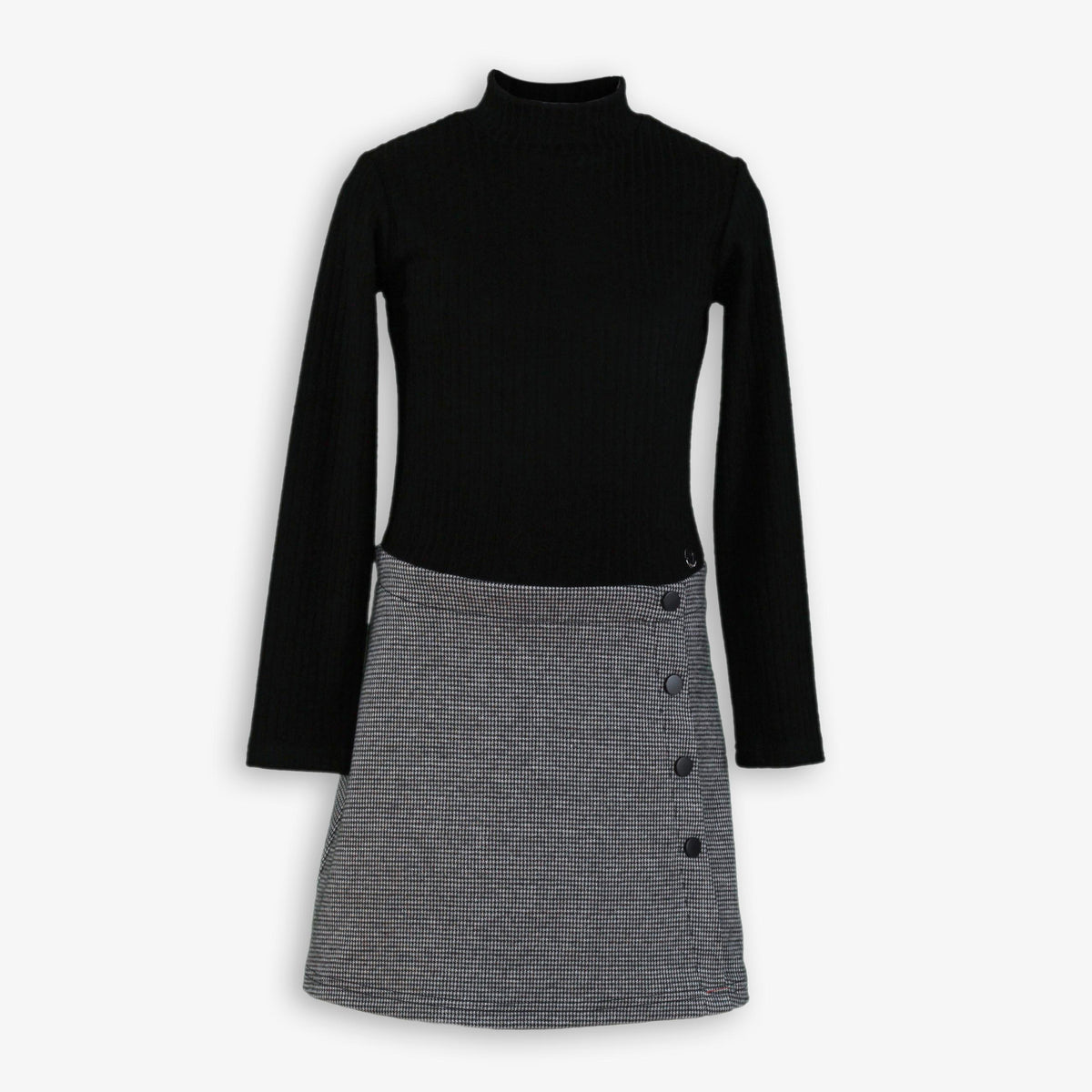 Black Ribbed Knit & Houndstooth 2-in-1 Mock-Neck Dress for Girls