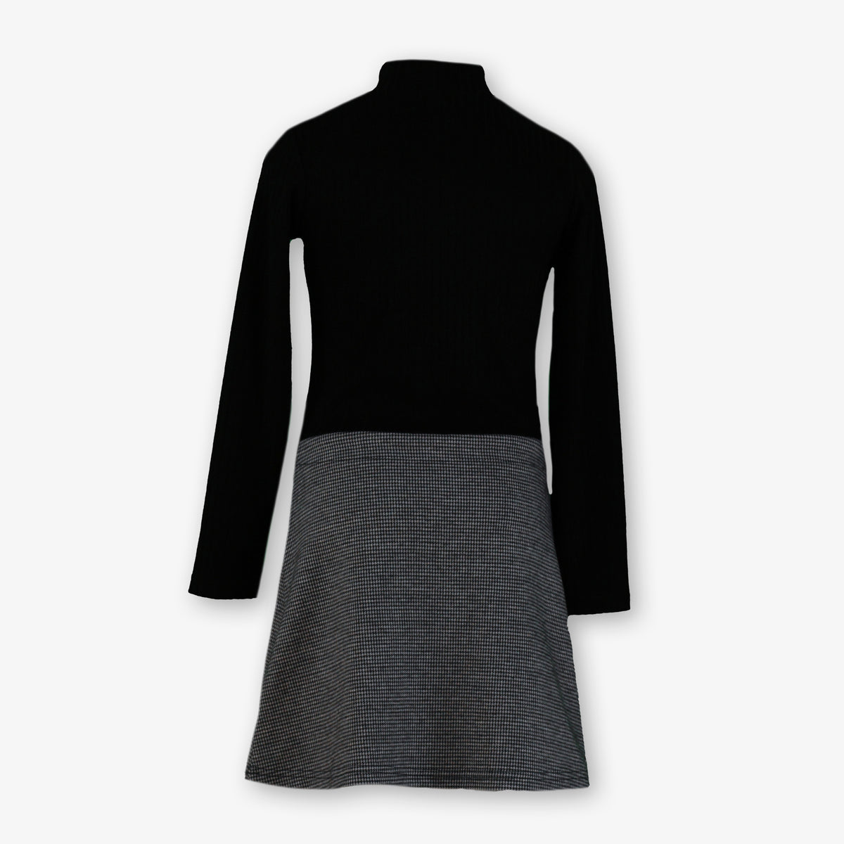 Black Ribbed Knit & Houndstooth 2-in-1 Mock-Neck Dress for Girls