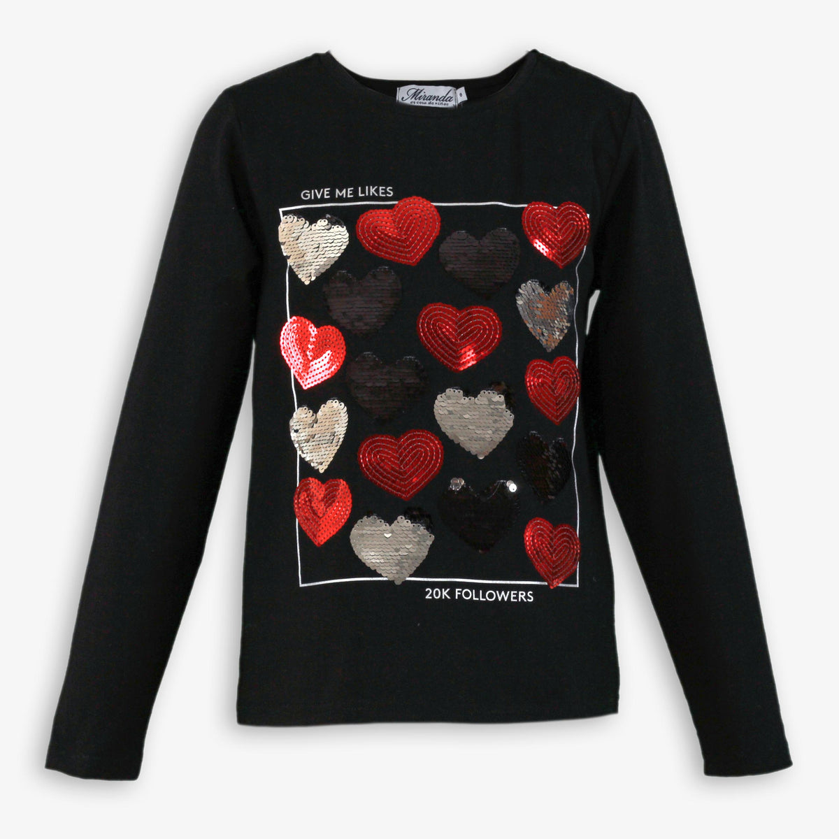 Black Long-Sleeve Shirt with Sequin Hearts Graphic for Girls
