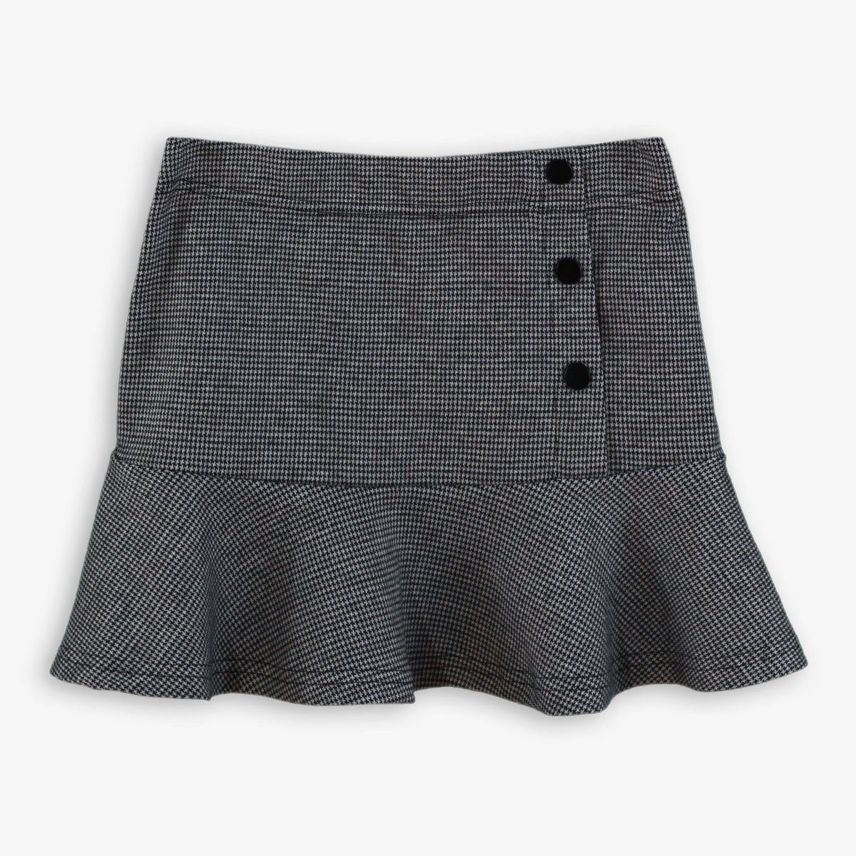 Grey Houndstooth Flared Ruffle Hem Skirt with Side Buttons for Girls