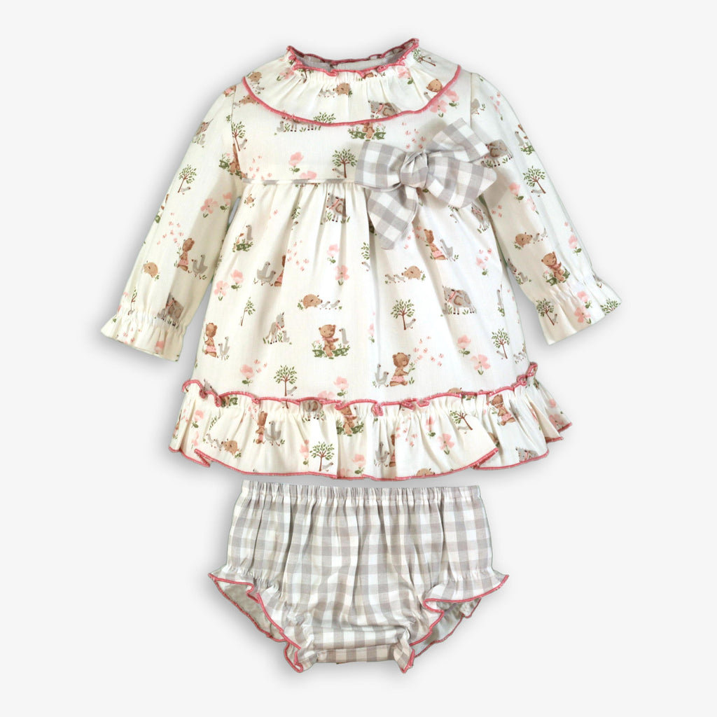 Ivory Farm Animal Print Dress & Gingham Bloomer Set