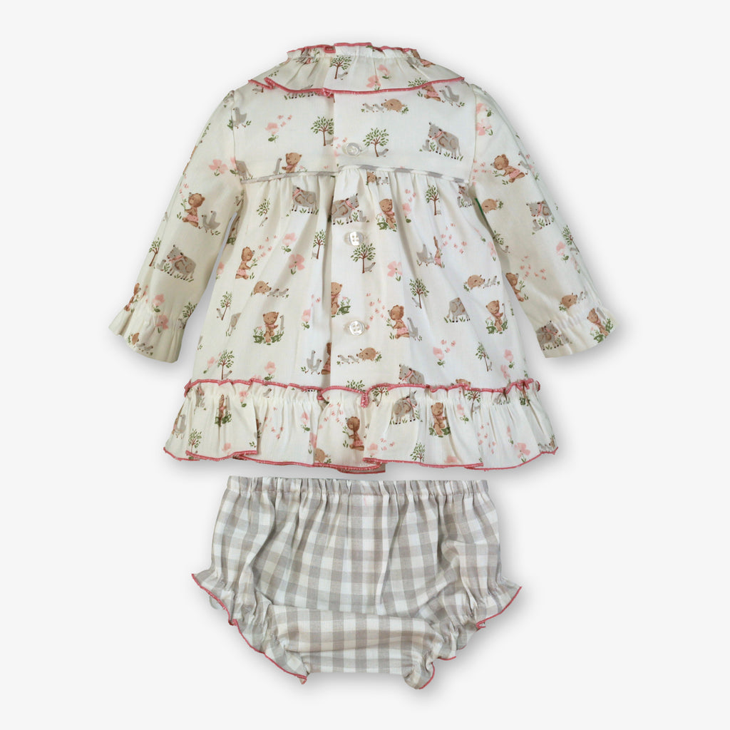 Ivory Farm Animal Print Dress & Gingham Bloomer Set