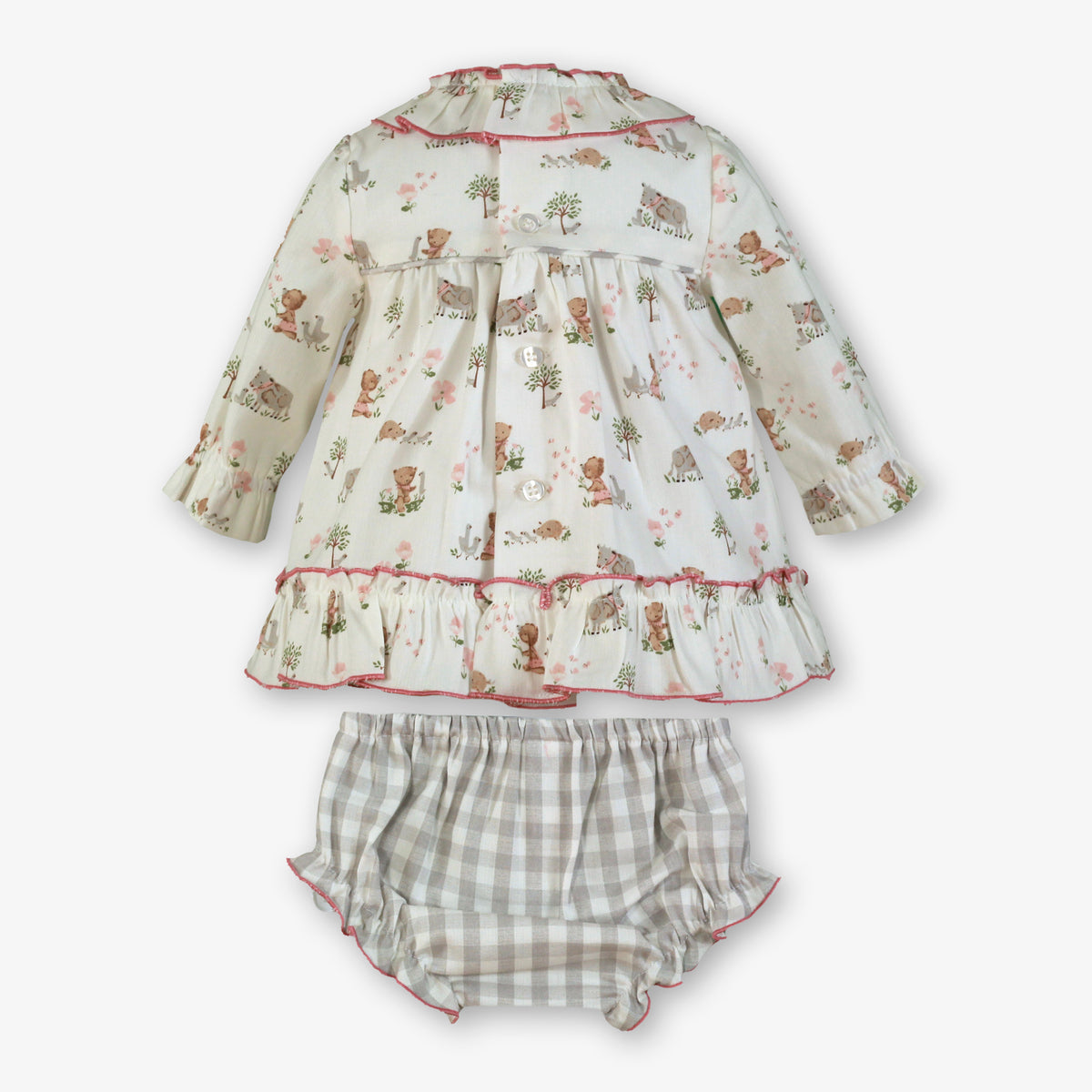 Ivory Farm Animal Print Dress & Gingham Bloomer Set